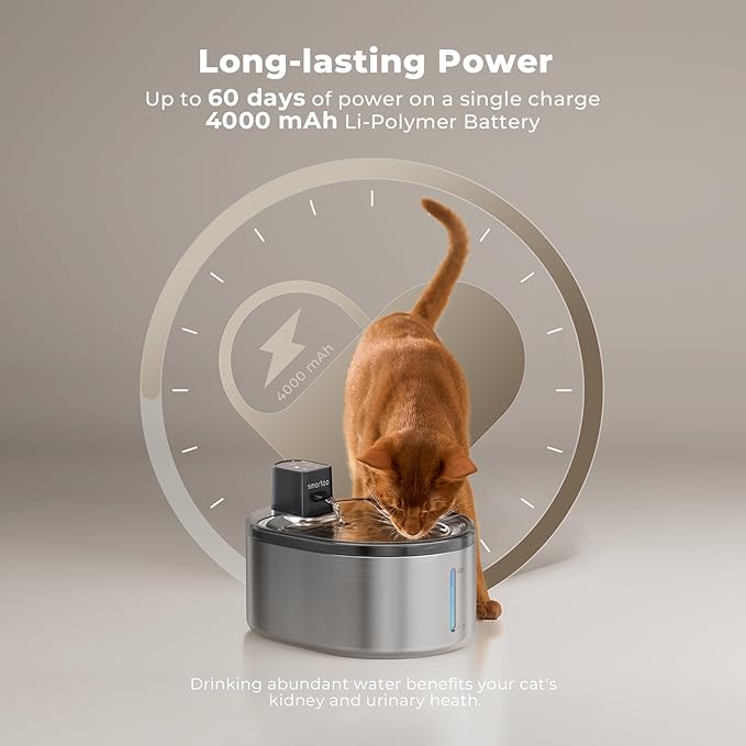Wireless Cat Water Fountain Stainless Steel, 152oz/4.5L Cat Fountain Battery Operated, Cordless Pet Water Fountain for Cats & Dogs with Motion Sensor, Ultra Quiet Pump, Multi-Filtration - PAWPICO