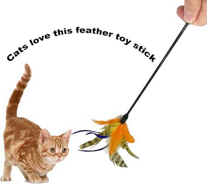Cat Wand Toy Feather Stick Cat Toys, 6 PCS Cat Toy Feather Wand for Indoor Cats Play Exercise - PAWPICO