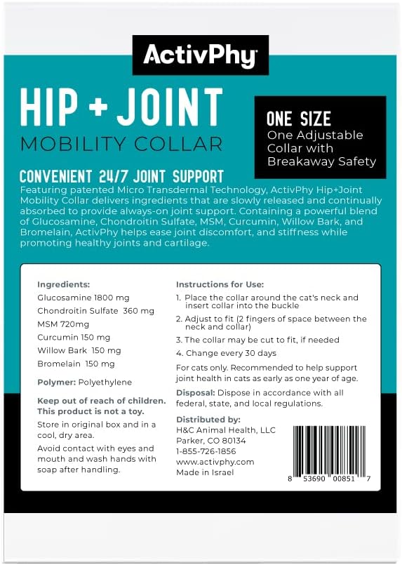 Hip + Joint Mobility Collar for Cats with Glucosamine, Chondroitin, MSM, and More | Convenient & Easy | 30 Days of Continuous Support | Water Resistant, Adjustable Activphy