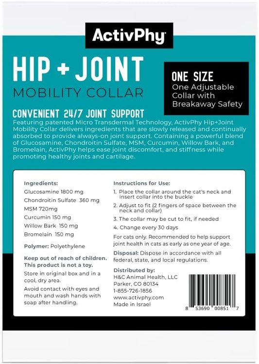 Hip + Joint Mobility Collar for Cats with Glucosamine, Chondroitin, MSM, and More | Convenient & Easy | 30 Days of Continuous Support | Water Resistant, Adjustable Activphy