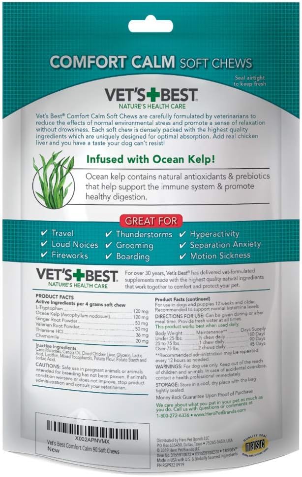 Vet's Best Comfort Calm Calming Soft Chews Dog Supplements | Dog Calming Aid Supports Dog Balances Behavior | Promotes Relaxation | 90 Day Supply VetsBest
