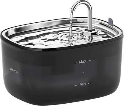Stouchi Cat Water Fountain 85oz/2.5L, Stainless Steel Faucet Pet Water Fountain for Cats Inside with Led Light, Automatic Cat Water Dispenser Bowl, Cat Waterer Fountain for Multiple Pets, Black - PAWPICO