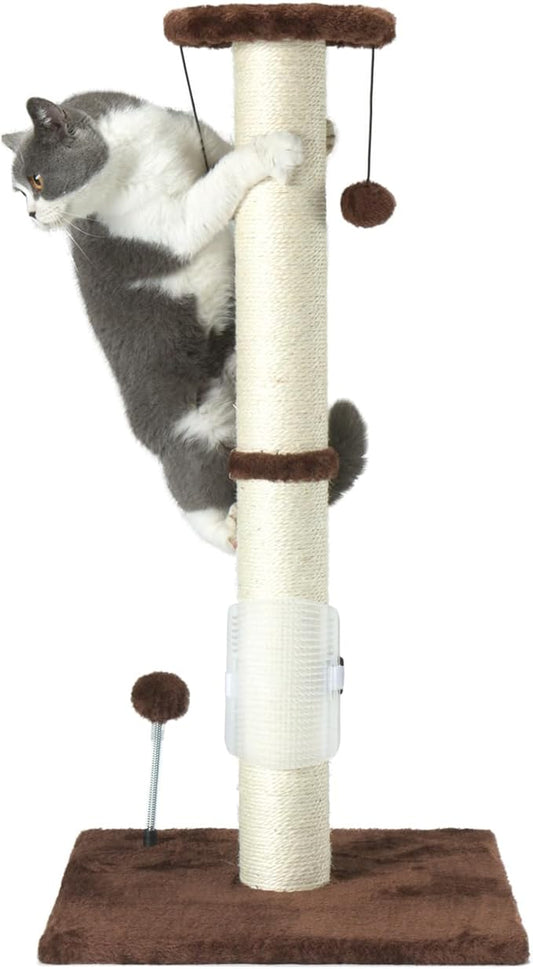 PEEKAB 32" Tall Cat Scratching Post Sisal Rope Scratch Posts with Hanging Ball and Self-Massage Brush Vertical Scratcher for Indoor Cats and Kittens(Brown 32inches) - PAWPICO