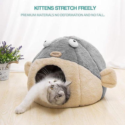 Cat Beds for Indoor Cats - Cat Bed Cave with Removable Washable Cushioned Pillow, Soft Plush Premium Cotton No Deformation Pet Bed, Lively Pufferfish Cat House Design, Grey, Multiple Sizes(L) - PAWPICO