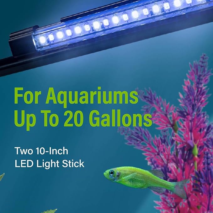 GloFish 10 Inch LED Light Stick 2 Count - White and Blue Aquarium Lights - Tank Sizes Up to 75 Gallons GloFish