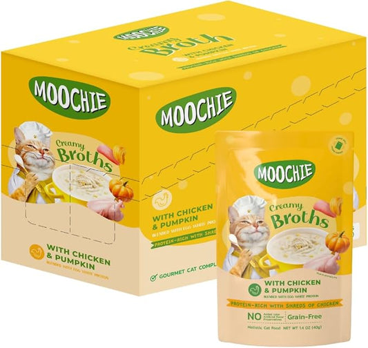 MOOCHIE Grain Free Creamy Broth for Cats - Made with Real Chicken & Pumpkin - No Artificial Flavors or Preservatives - 16 x 1.4 oz Pouch - PAWPICO