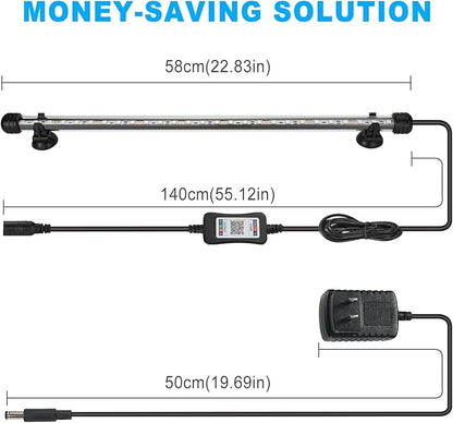 GreenSun Fish Tank Aquarium Light: Submersible Led Lamp - 22 Inch Waterproof Strip Spotlight with APP Control GreenSun