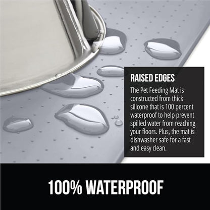 Gorilla Grip 100% Waterproof Raised Edge BPA Free Silicone Pet Feeding Mat, Dog Cat Food Mats Contain Spills Protects Floors, Placemats for Cats, Dogs Water Bowl, Pets Accessories 16x10, Light Gray - PAWPICO