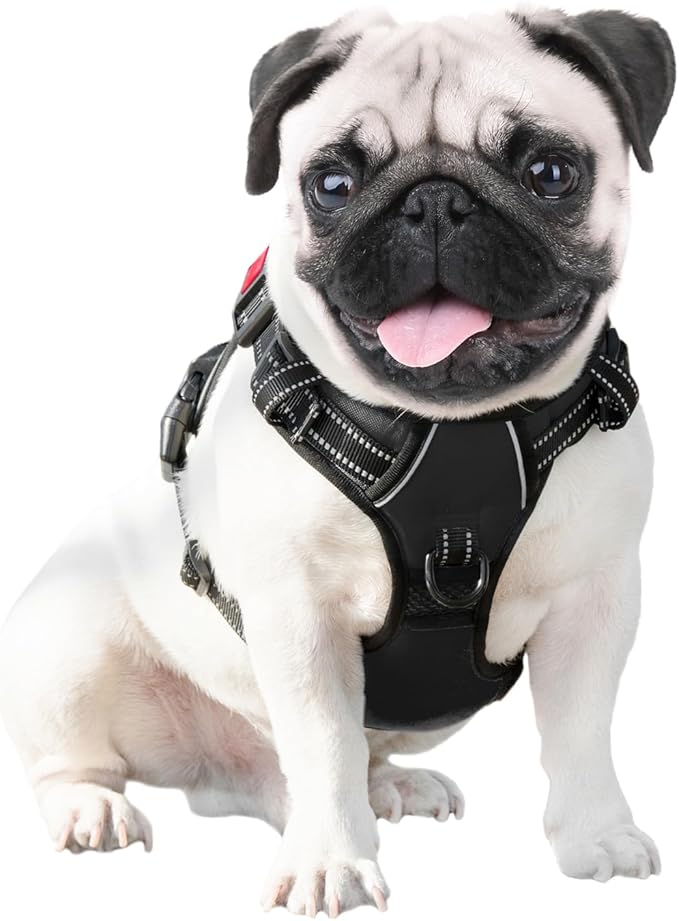 PHOEPET Reflective Dog Harness Large Breed Adjustable No Pull Vest with with Handle 2 Metal Rings 3 Buckles [Easy to Put on & Take Off](L, Black) PHOEPET
