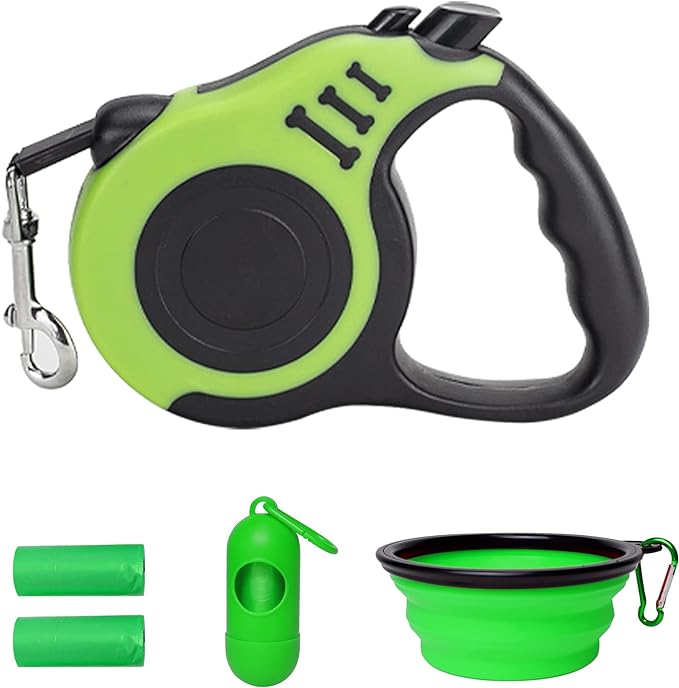 Retractable Dog Leash Automatic Telescopic Tractor Dog Tape, Pet Tape 10/16 FT Durable and Convenient, with Folding Bowl, Dispenser, Rubbish Bags, Suitable for Small and Medium Dogs LIEVUIKEN