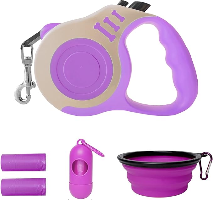 Retractable Dog Leash Automatic Telescopic Tractor Dog Tape, Pet Tape 10/16 FT Durable and Convenient, with Folding Bowl, Dispenser, Rubbish Bags, Suitable for Small and Medium Dogs LIEVUIKEN