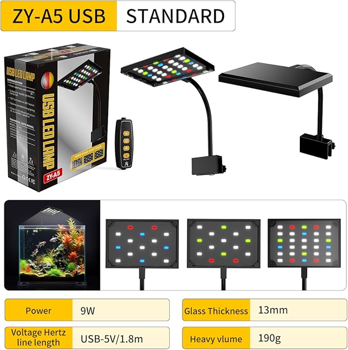LONDAFISH Aquarium Light Clip on Aquarium Light Fish Tank Lamp Dimmable Full Spectrum Marine LED for Fish Tanks 9 Watts with USB Port Adjustable 360° Flexible Arm Aquarium LED Light (9W,30LEDs) LONDAFISH