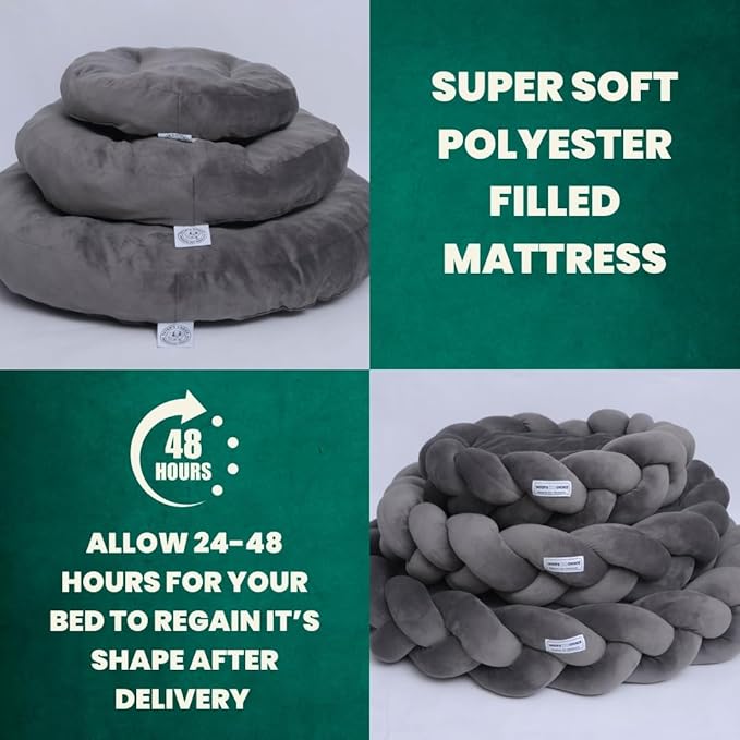 Tater's Choice 40" Dog Bed - Premium Braided Dog Bed with 3 Pack of Plush Bones - Luxurious and Durable Pet Beds with Plush Polyester Filling, Non-Slip Base, Washable Mattress, Charcoal Grey, Large - PAWPICO