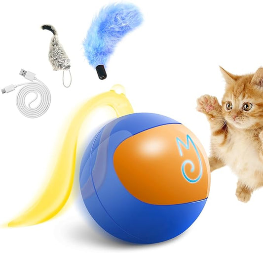 Migipaws Interactive Cat Ball Toy Set, Fun Tracker, Automatic Rolling Chase Ball with Fluffy Tail, A Small Mice, Rechargeable（Blue） - PAWPICO