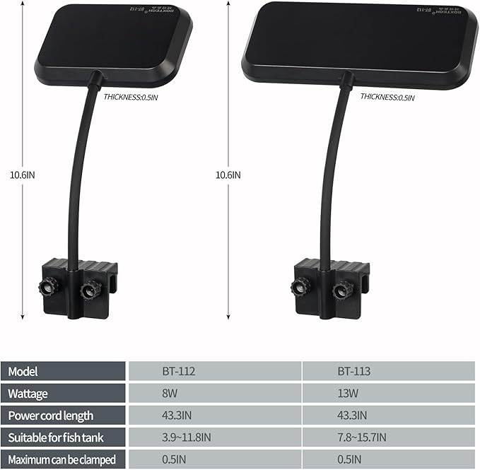 Boxtech Fish Tank Led Light, Small Aquarium Clip On Light, 8W White Led Clamp Light, 4.53 Inch USB Full Spectrum Planted Light for 3 to 6 Gallon Tanks Boxtech