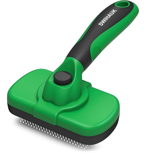 Swihauk Self Cleaning Slicker Brush for Dogs & Cats - Skin Friendly Deshedding Brush for Long and Short Haired Pets, Grooming Brush, Green - PAWPICO