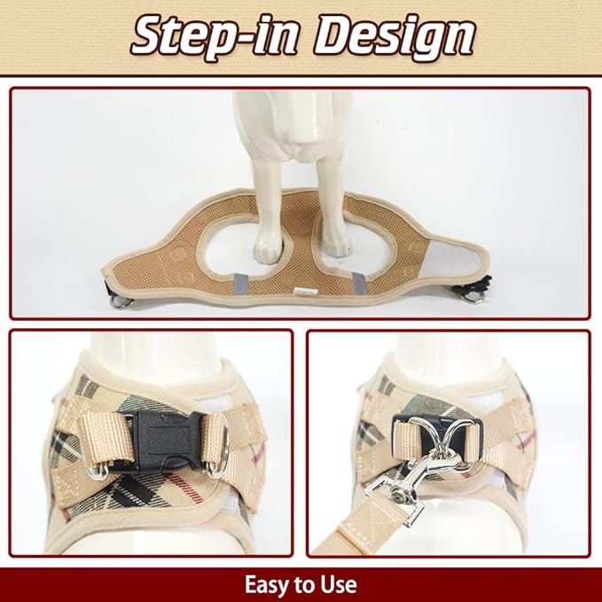 EXPAWLORER Classic Plaid Puppy Harness - Small Dog Harness and Leash Set - Dog Collar and Leash Set with AirTag Holder, Soft Padded Step in Dog Vest Harness No Pull Reflective for Outdoor, Khaki S EXPAWLORER