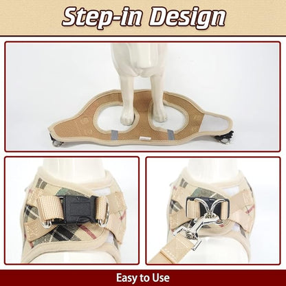 EXPAWLORER Classic Plaid Puppy Harness - Small Dog Harness and Leash Set - Dog Collar and Leash Set with AirTag Holder, Soft Padded Step in Dog Vest Harness No Pull Reflective for Outdoor, Khaki S EXPAWLORER