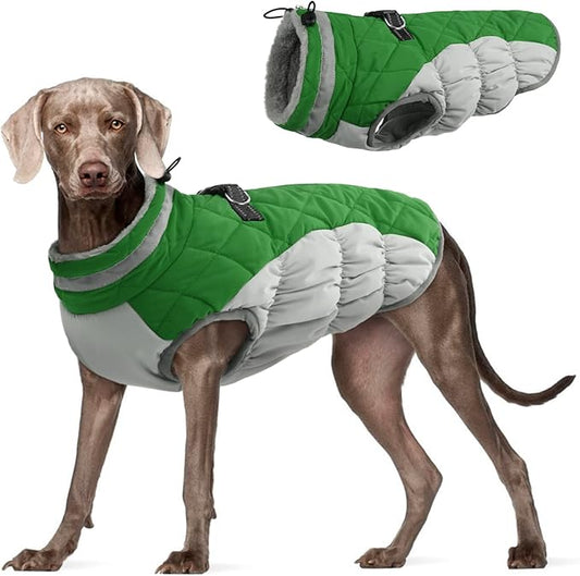 FUAMEY Dog Coat,Warm Dog Jacket Winter Coat Paded Dog Fleece Vest Reflective Dog Cold Weather Coats with Built in Harness Waterproof Windproof Dog Snow Jacket Clothes with Zipper Green XX-Large - PAWPICO