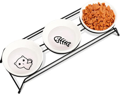 3 Cat Food Bowls Ceramic 13 oz Upgraded with Stainless Steel Stand Non-Slip and Anti-Rust Elevated Raised Cat Bowls for Food and Water, Pet Dishes Bowl for Indoor Cats and Puppy, Dishwasher Safe - PAWPICO