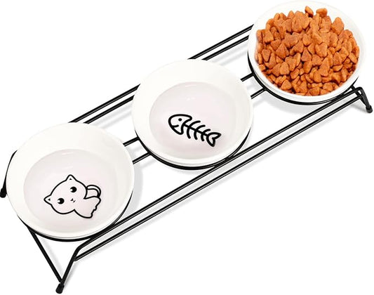 3 Cat Food Bowls Ceramic 13 oz Upgraded with Stainless Steel Stand Non-Slip and Anti-Rust Elevated Raised Cat Bowls for Food and Water, Pet Dishes Bowl for Indoor Cats and Puppy, Dishwasher Safe - PAWPICO