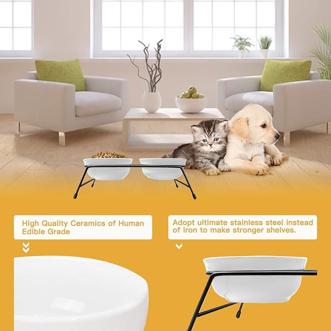 Cat Bowls, Upgraded 13 oz Ceramic Elevated Cat Food Bowls for Food and Water, Raised 2 Cat Dishes with Stainless Steel Stand Non-Slip and Anti-Rust, for Indoor Cats and Small Dog Bowl, Dishwasher Safe - PAWPICO