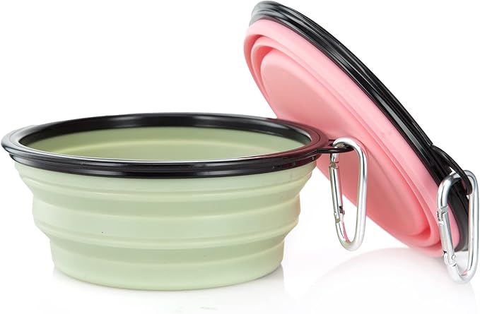 Dog Bowl Pet Collapsible Bowls, 2 Pack Collapsible Dog Water Bowls for Cats Dogs, Portable Pet Feeding Watering Dish for Walking Parking Traveling with 2 Carabiners (Large, Fairy Pink & Sprout Green) - PAWPICO