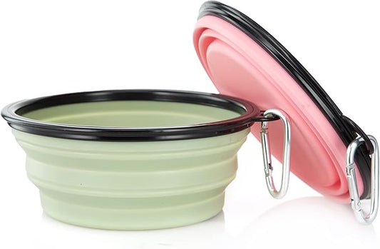 Dog Bowl Pet Collapsible Bowls, 2 Pack Collapsible Dog Water Bowls for Cats Dogs, Portable Pet Feeding Watering Dish for Walking Parking Traveling with 2 Carabiners (Large, Fairy Pink & Sprout Green) - PAWPICO
