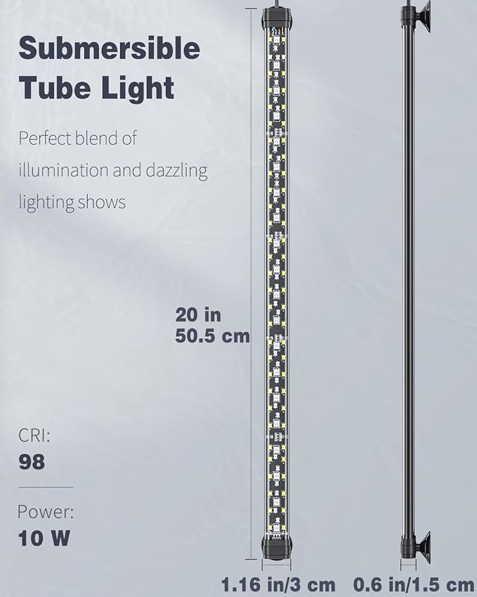 Pawfly 10 W Aquarium LED Light 20 Inch 24/7 Fish Tank Light with Full Spectrum Brilliant White Blue Red Green Lights Multi-Colored LEDs with D/N Mode Single Color Effects Timer & Adjustable Brightness Pawfly