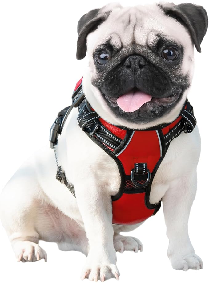 PHOEPET Reflective Dog Harness Large Breed Adjustable No Pull Vest with Handle 2 Metal Rings 3 Buckles [Easy to Put on & Take Off](XL, Red) PHOEPET