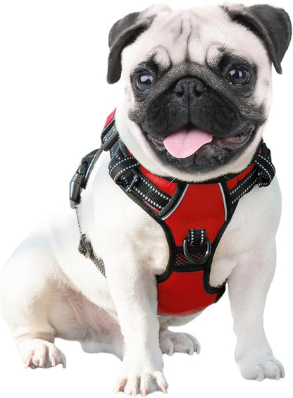 PHOEPET Reflective Dog Harness Large Breed Adjustable No Pull Vest with Handle 2 Metal Rings 3 Buckles [Easy to Put on & Take Off](L, Red) PHOEPET