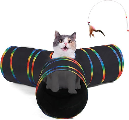 LUCKITTY Cat Tunnels Tube Toy with Plush Ball & Cat Wand Toy and Feather Toys-Portable Tattaff Waterproof Washable-Interesting Geometric Pattern Collapsible-3 Way Black Rainbow - PAWPICO