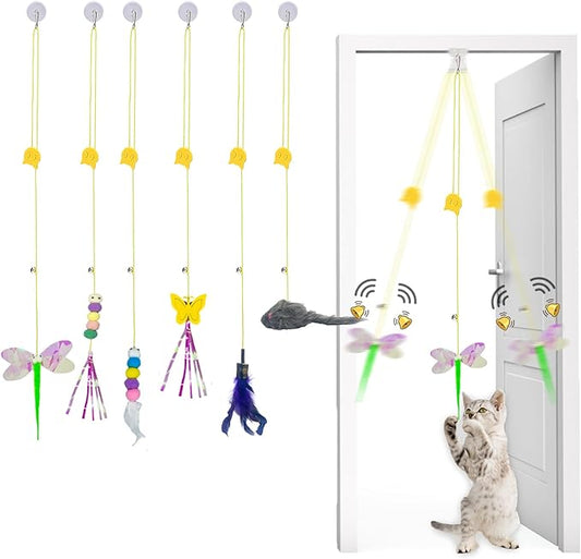 Cat Toys Indoor Hanging Door Retractable Bird Cat Toy for Kitten Fun Exercise Interactive String Feather Cat Toys for Hunting Chase (6 Pack) - PAWPICO