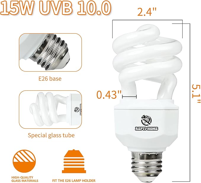UVA UVB Reptile Light 15W 10.0,Desert Terrarium Compact Fluorescent Lamp,UVB Reptile Light Bulb for Snake,Spider,Bearded Dragon REPTIHOME