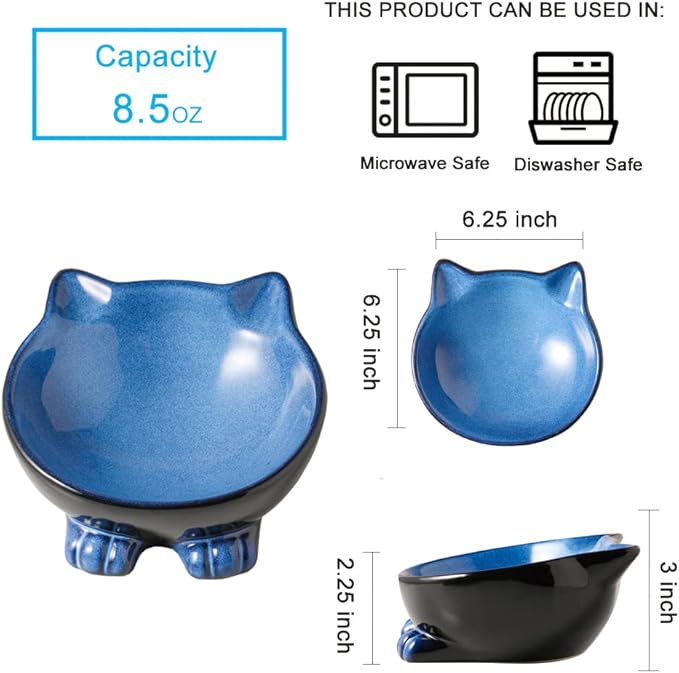 Nihow Ceramic Basic Cat Bowls: 6.25 Inch Cat Bowl for Food & Water - Food Grade Cat Dish for Large-Sized Cat/Medium-Sized Dog - Microwave & Dishwasher Safe -Elegant Blue & Black (8.5 OZ /1 PC) - PAWPICO