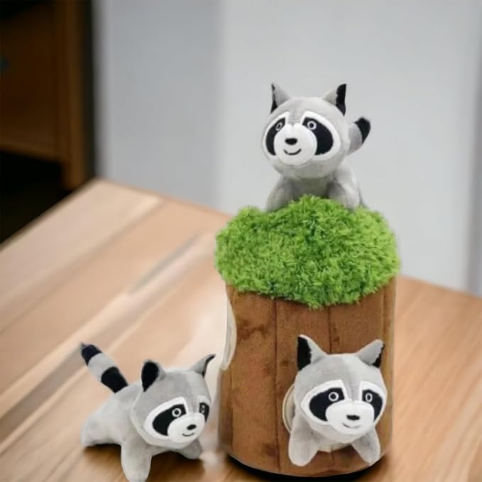 Raccoon in Tree Hide and Seek Dog Toy for Small and Medium Size Dogs, Plush Raccoon Inside Trunk Dog Toy with Squeaker, Interactive Burrow Dog Toy (Tree with Raccoons, Small) - PAWPICO