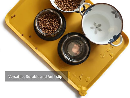 Hoki Found Large Silicone Pet Food Mats Tray - Non Slip Pet Dog Cat Bowl Mats Placemat - Dog Pet Cat Feeding Mat - Waterproof Dog Cat Food Mats -Pet Water Mats for Carpet - Honey - PAWPICO