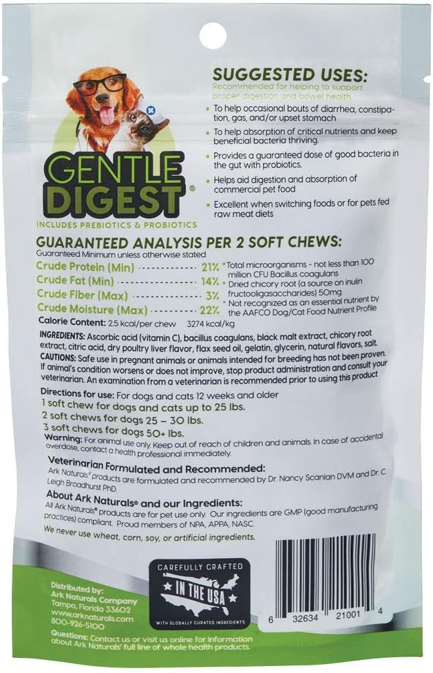 ARK NATURALS Gentle Digest Soft Chews, Vet Recommended Dog and Cat Prebiotics and Probiotics, Digestive and Immune System Support, 2 Pack ARKNATURALS