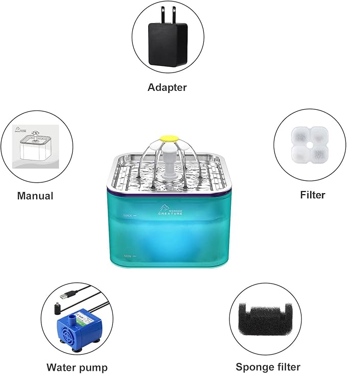Crystal Cat Water Fountain Stainless Steel, 101oz/3L Pet Fountain with LED Light for Cats and Dogs (Green) - PAWPICO
