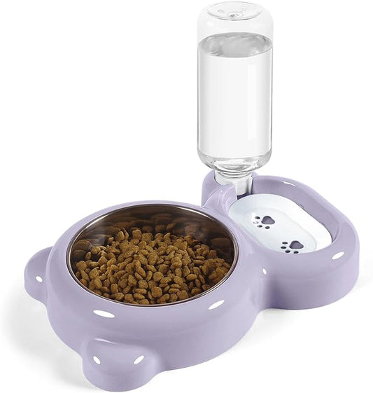 Dog Bowls, Cat Food and Water Bowl Set with Water Dispenser and Stainless Steel Bowl for Cats and Small Dogs - Purple - PAWPICO