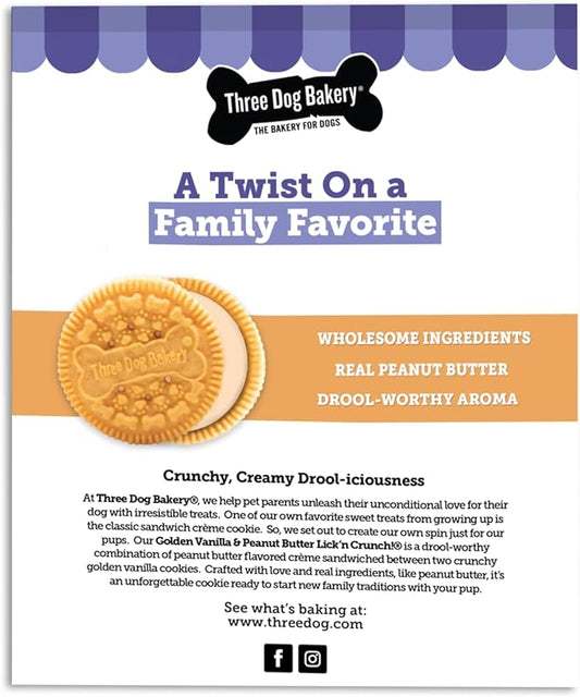 Three Dog Bakery Lick'n Crunch Sandwich Cookies Premium Dog Treats with No Artificial Flavors, Golden & Peanut Butter Flavor, 13 Ounces (Pack of 6) - PAWPICO