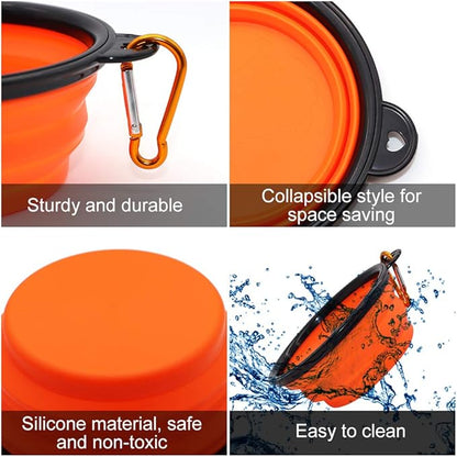 SLSON Collapsible Dog Bowls, 2 Pack, Portable Pet Feeding Watering Dish for Traveling with Carabiners (Small, Orange+Pink) - PAWPICO