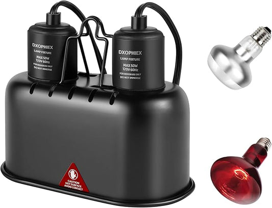 Nano Reptile Heat Lamp Fixture, Dual Reptile Light Fixture with 60W Basking Bulb&Infrared Heat Lamp, UVB Reptile Light Fixture Dual Dome Heat Lamp for Reptiles Terrarium DXOPHIEX