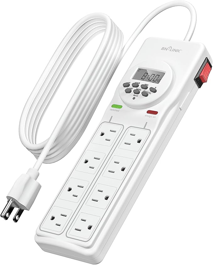 BN-LINK 8 Outlet Surge Protector with 7-Day Digital Timer (4 Outlets Timed, 4 Outlets Always On) - White BN-LINK
