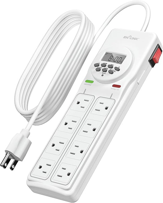 BN-LINK 8 Outlet Surge Protector with 7-Day Digital Timer (4 Outlets Timed, 4 Outlets Always On) - White BN-LINK