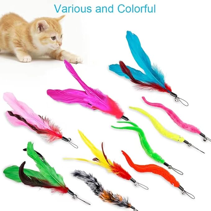 Cat Toys Feather Toy, 2PCS Retractable Wand and 10PCS Replacement Teaser with Bell Refills, Interactive Catcher and Funny Exercise for Kitten. - PAWPICO