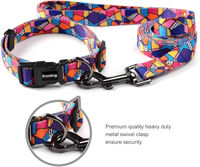 Ihoming Dog Collar and Leash Set for Daily Outdoor Walking Running Training, Geometric Design for Medium Boys Girls Dogs Cats Pets, M-Up to 45LBS Ihoming