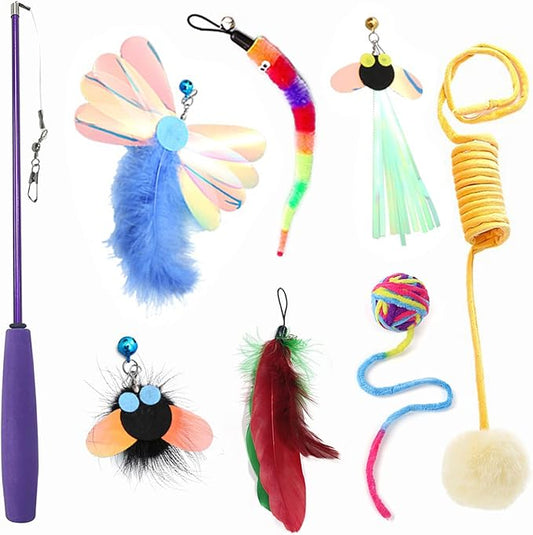 Cat Toy 8 Pcs Feather Teaser Wand Toy Cat Fishing Pole Toy Cat Toys for Indoor Cats Cats Including Cat Balls Spring Hair Balls - PAWPICO