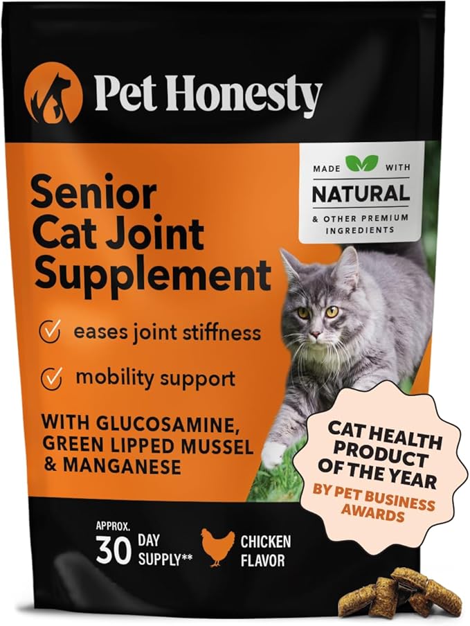 Pet Honesty Cat Hip & Joint Health Chews - Glucosamine for Cats, Cat Joint Support Supplement, Cat Health Supplies & Hip Support, Cat Vitamins for Indoor Cats & Outdoor Cats - Chicken (30-Day Supply) PetHonesty