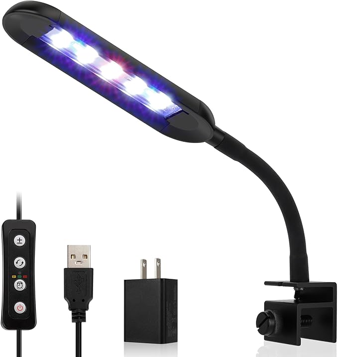 hygger 0.5-5 Gallon Nano Tank Mini Clip-on Aquarium Light with White Blue Red LEDs Fish Tank Lighting Built-in Timer 5 Brightness Levels 6W with USB Port (Include Power Adapter) hygger